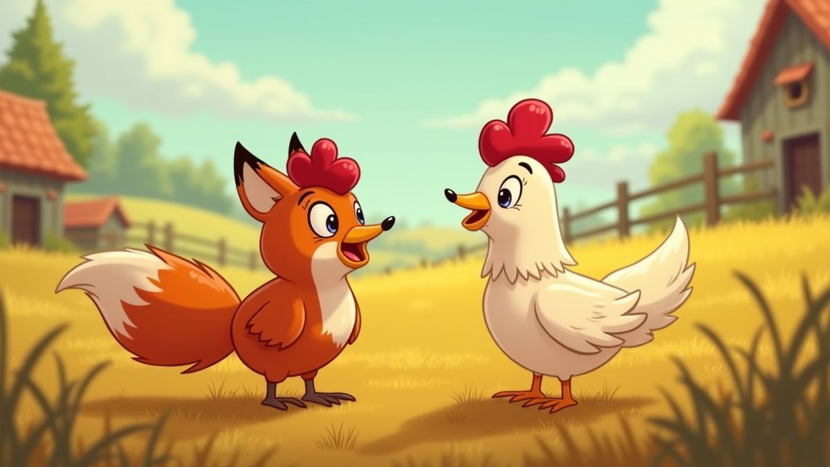 Een animatiefoto van een kip en een vos in een grappige boerderij setting.