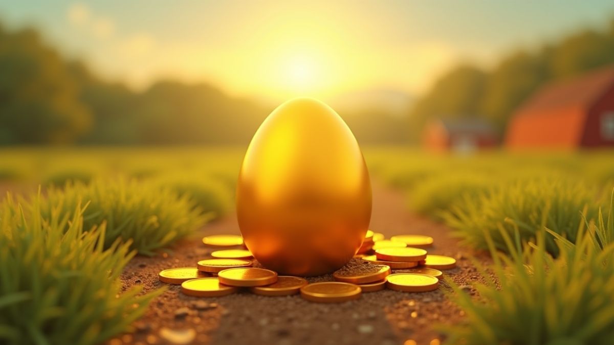 Een gouden ei omringd door munten in een levendige boerderij setting.