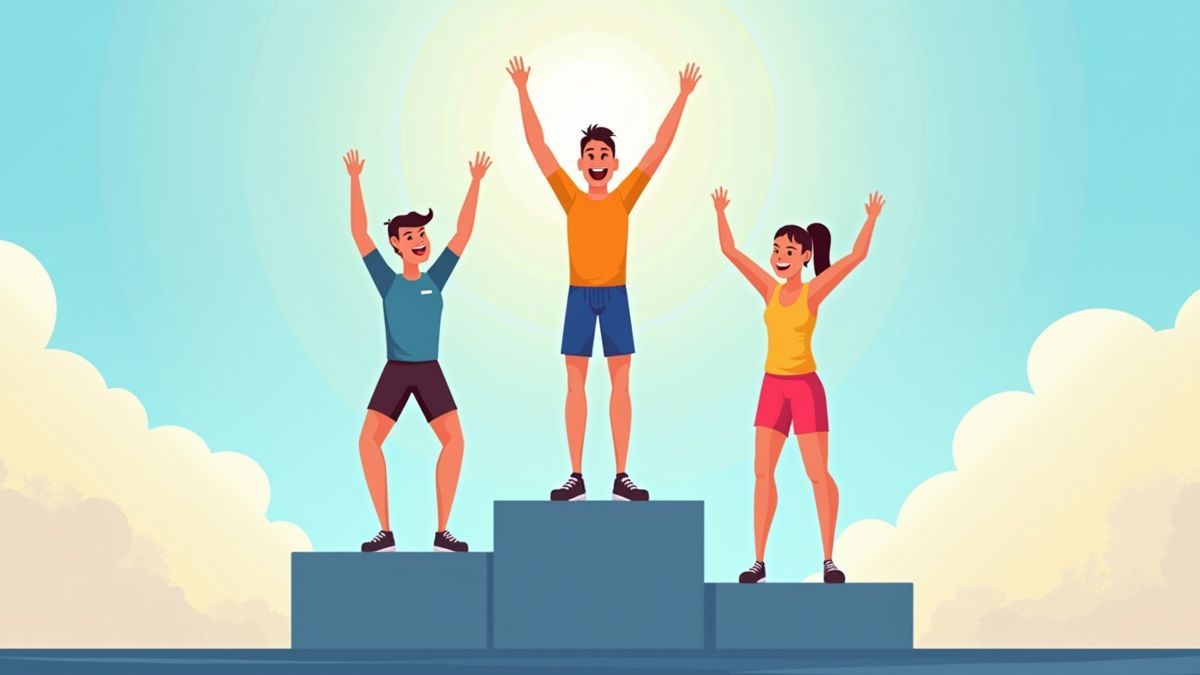 Olympic podium with athletes celebrating their victories