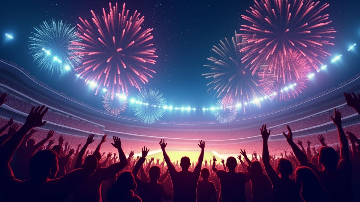 Animated crowd in a sports stadium with fireworks