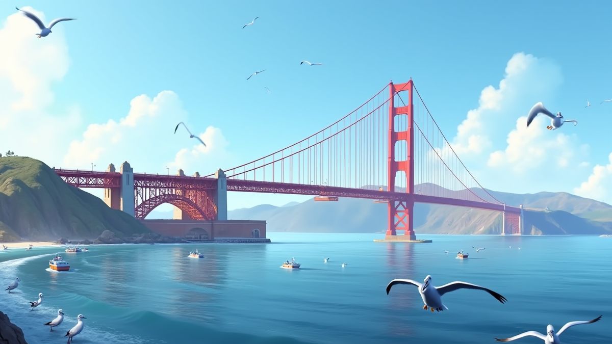 Geanimeerde afbeelding van de Golden Gate Bridge met boten en meeuwen.
