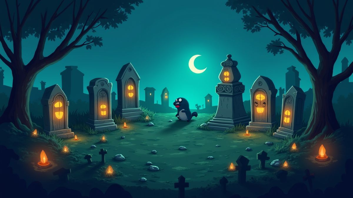 Cementerio iluminado con lápidas y criaturas animadas.