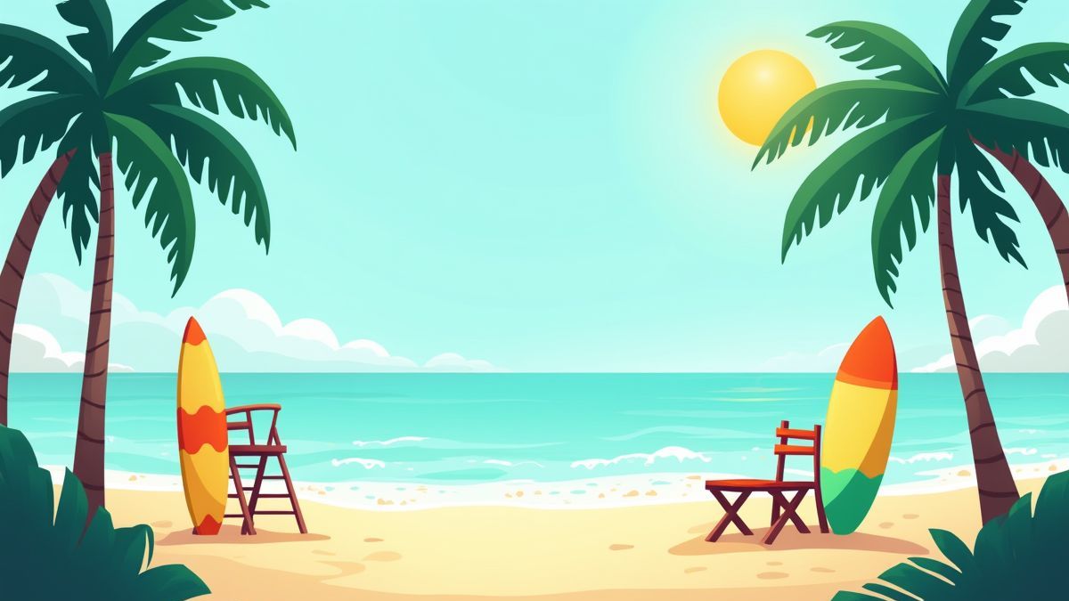 Eine sonnige tropische Strandlandschaft mit Palmen und Surfbrettern