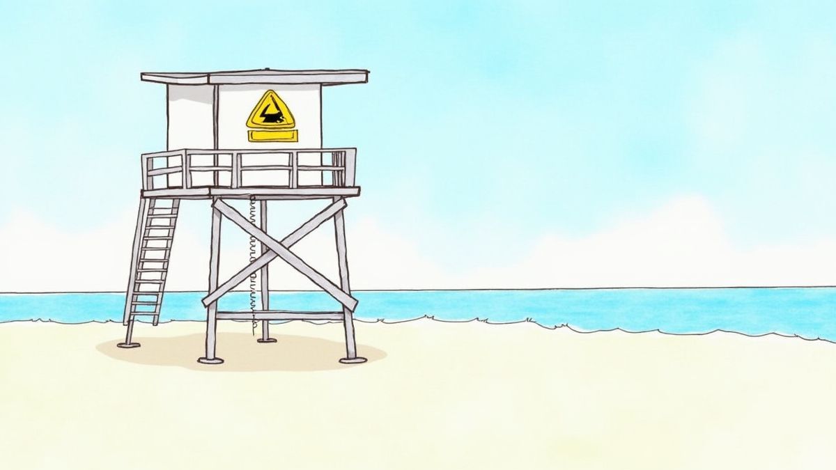 Ein Rettungsturm mit einem Haifischwarnschild am Strand