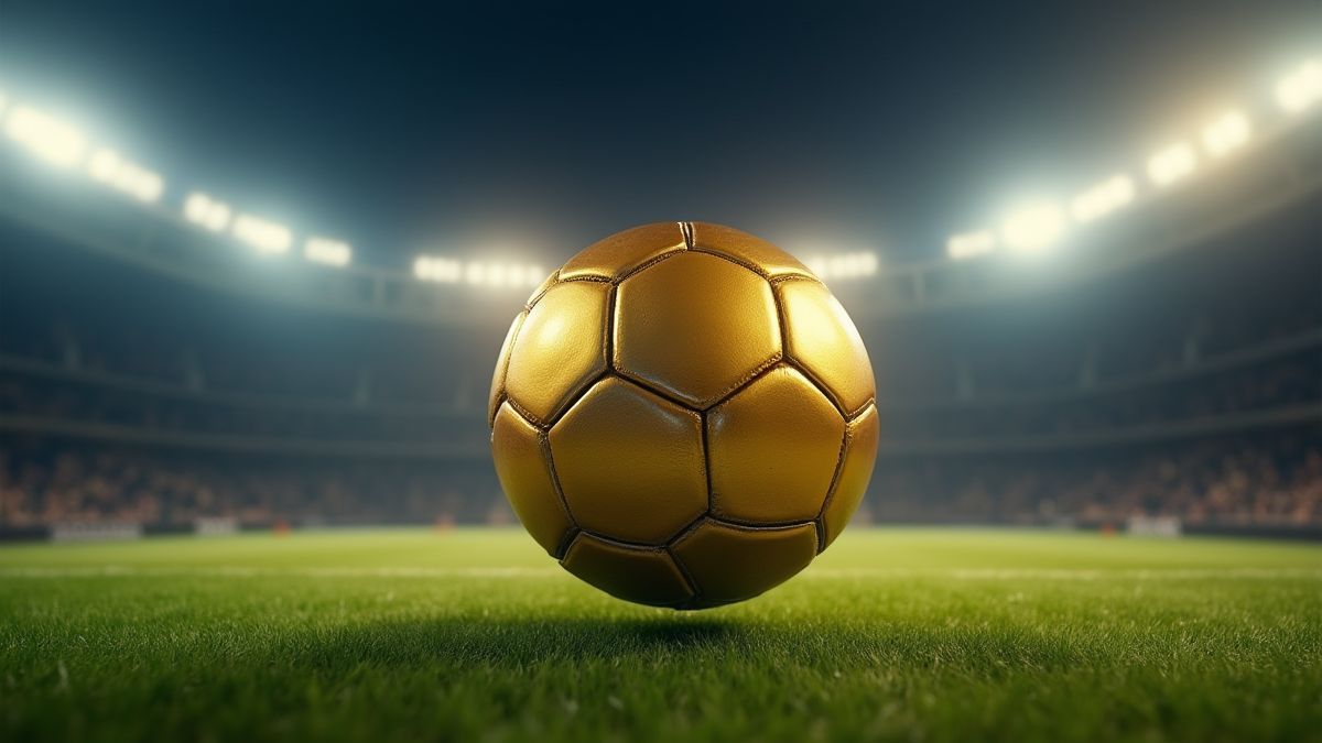 Balão dourado girando em um campo de grama sob luzes de estádio.