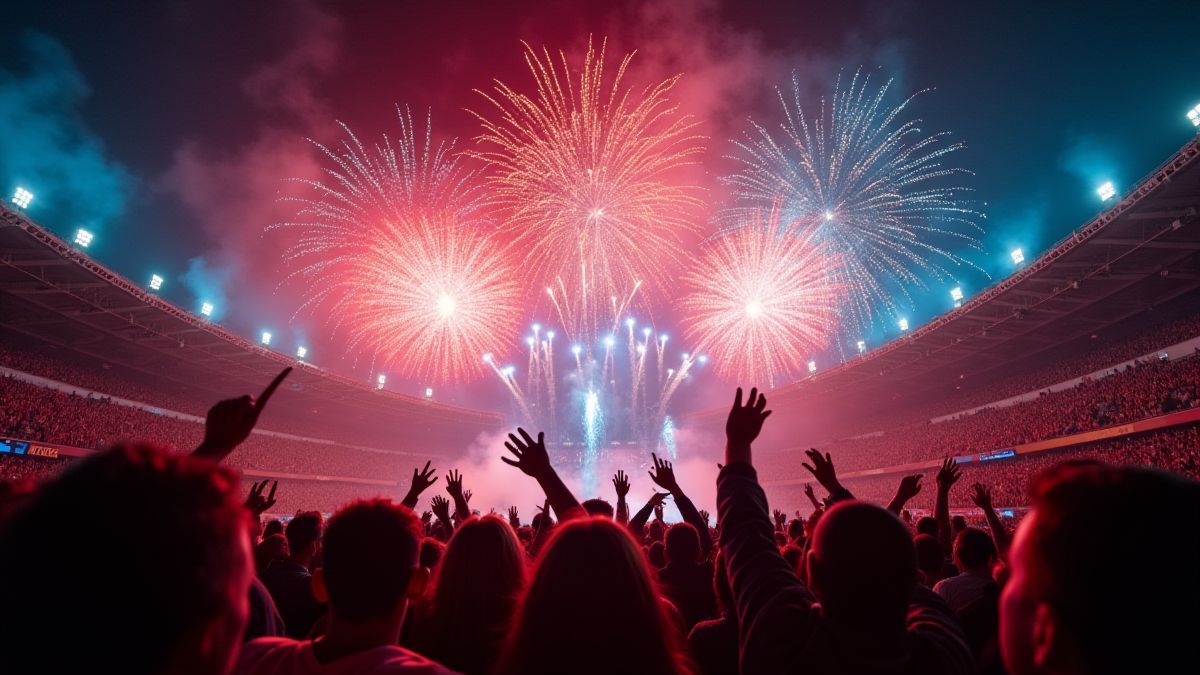 Multidão em um estádio celebrando com fogos de artifício.