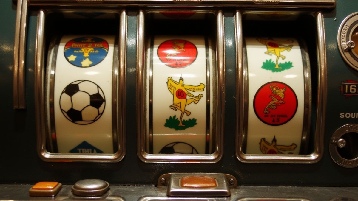 Máquina caça-níqueis vintage com símbolos de futebol.