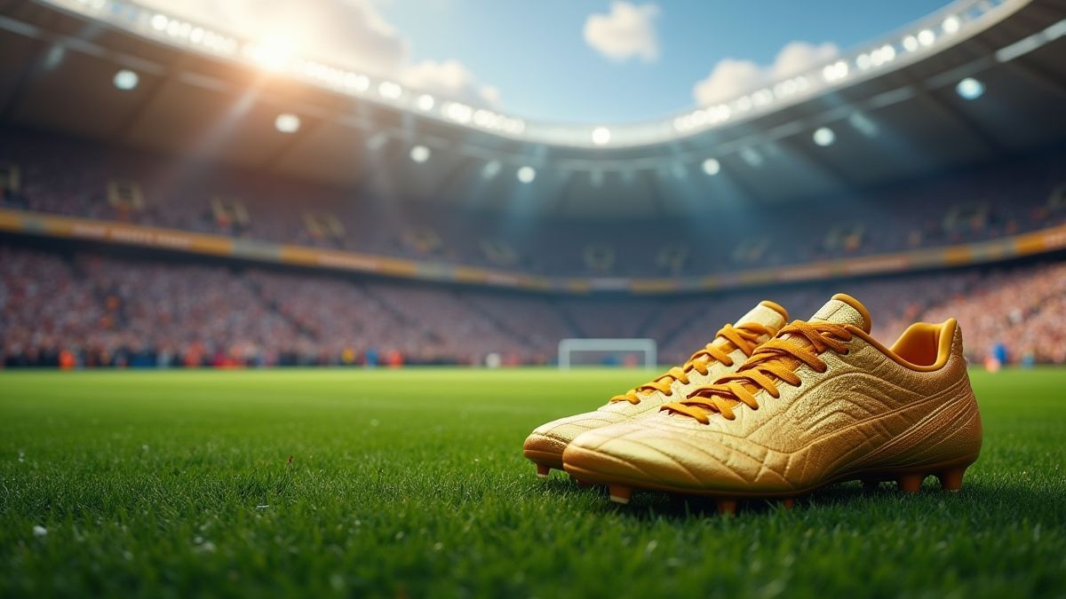 Animiertes Fußballstadion mit goldenen Stiefeln auf dem Rasen.