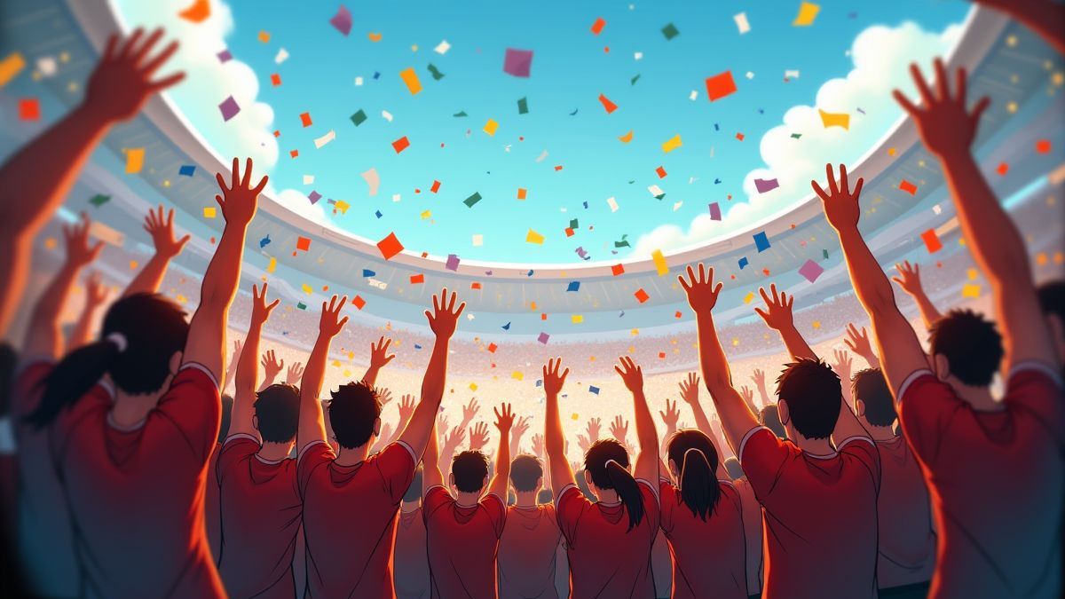 Begeisterte Fans in einem Stadion mit Konfetti.