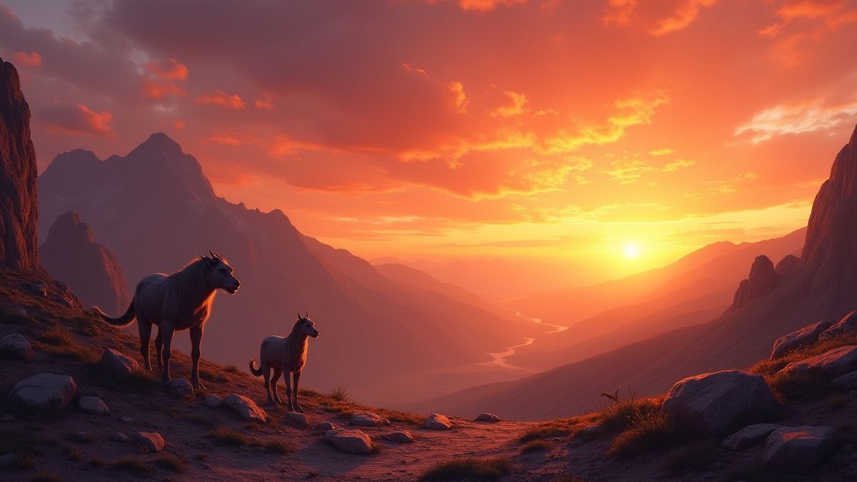 Atardecer sobre montañas griegas con criaturas míticas.