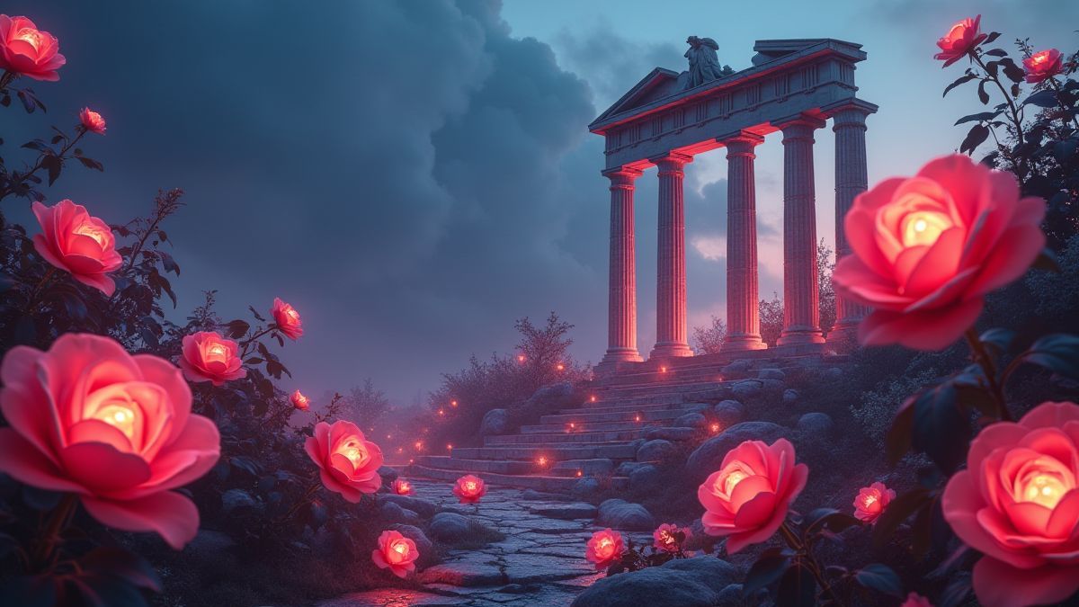 Rosas brillantes flotando en ruinas griegas místicas.