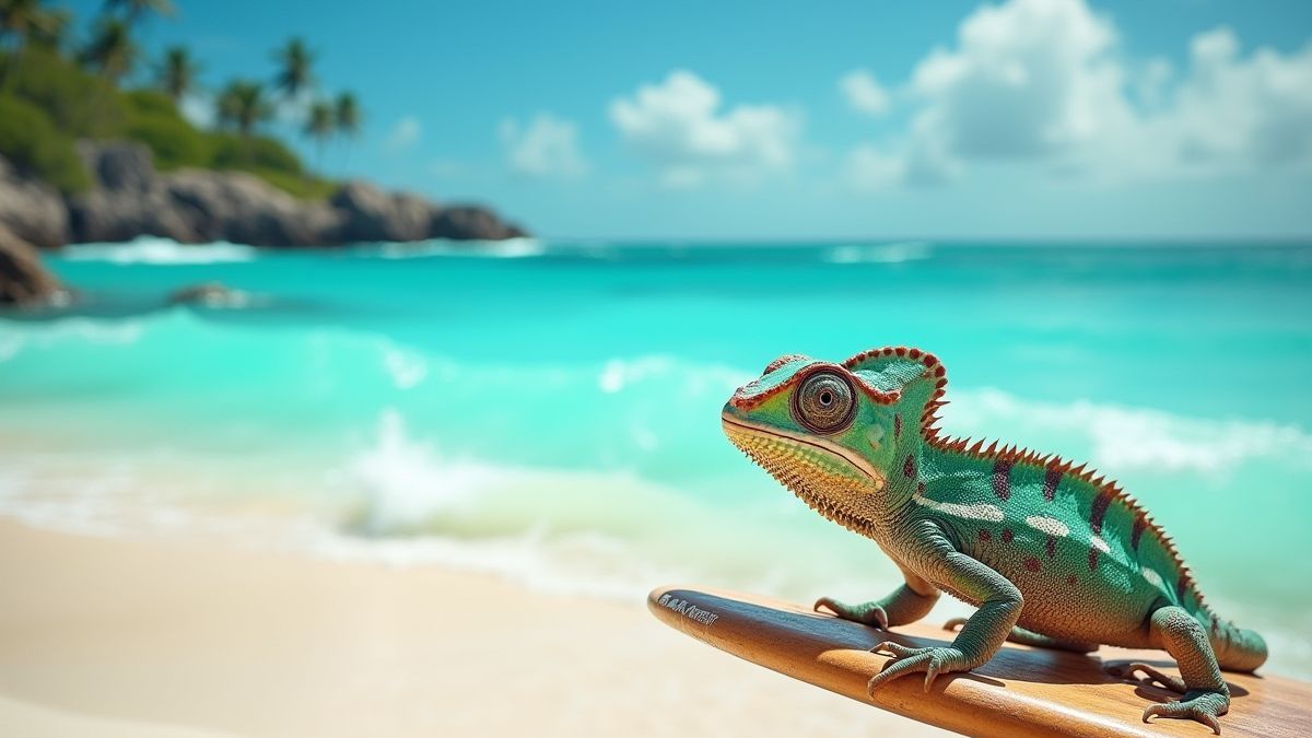Eine tropische Strandlandschaft mit hellen Wellen und einem Chamäleon auf einem Surfbrett.