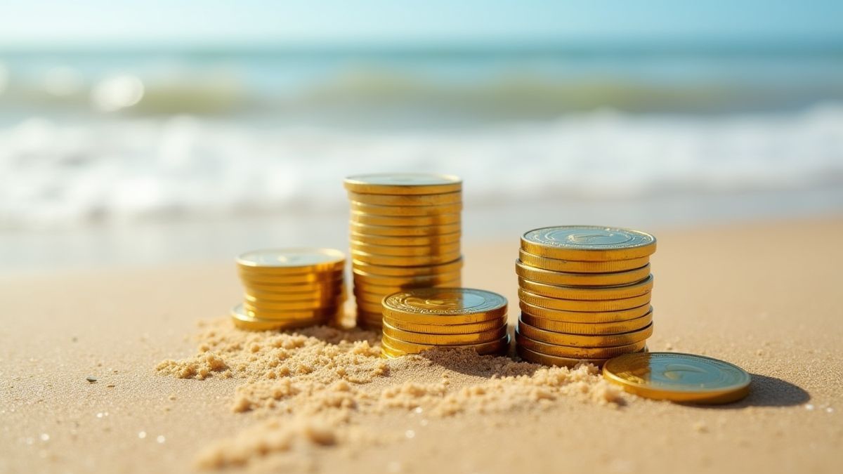Ein Stapel goldener Münzen an einem Strand mit Wellen im Hintergrund.