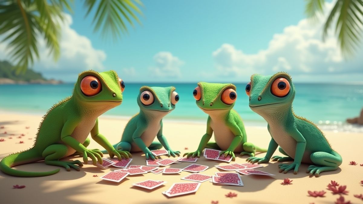 Eine Gruppe animierter Chamäleons, die am Strand Karten spielen.