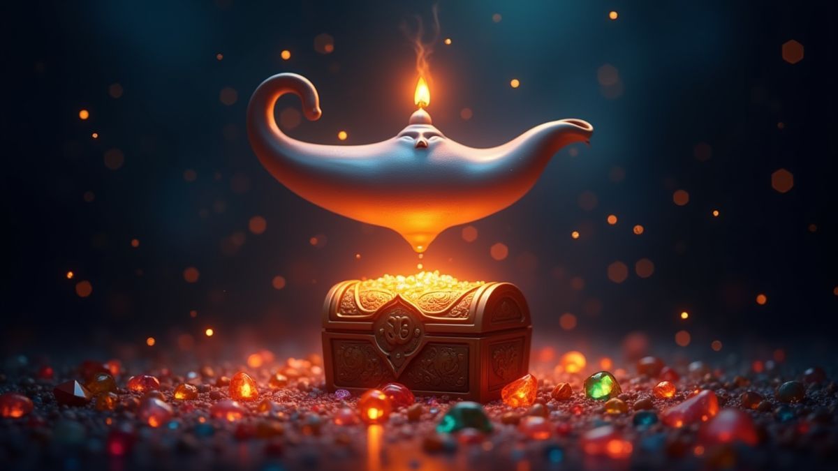 A genie floating above a treasure chest filled with sparkling gems.