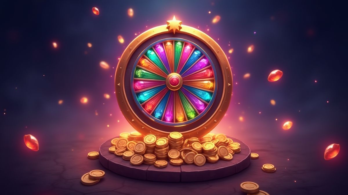 A magical wheel surrounded by glowing gems and coins.