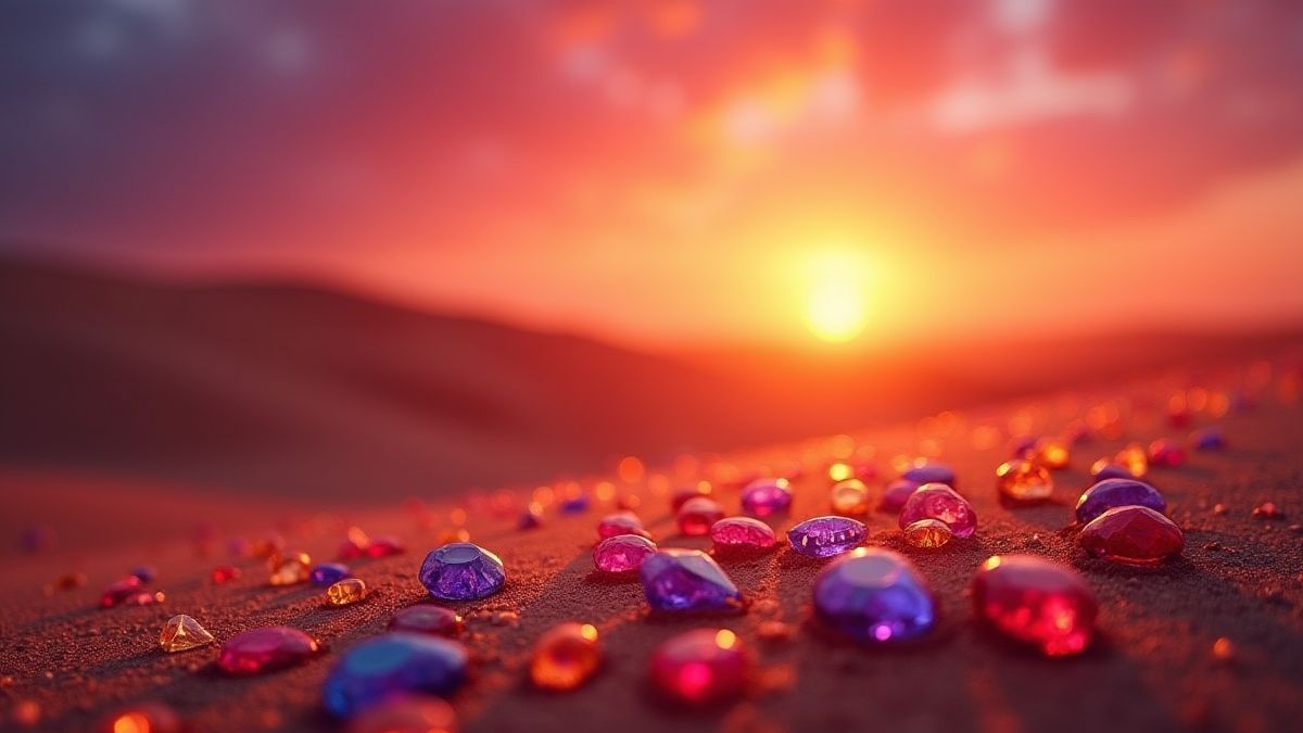 A vibrant desert sunset with sparkling gems scattered on the sand.