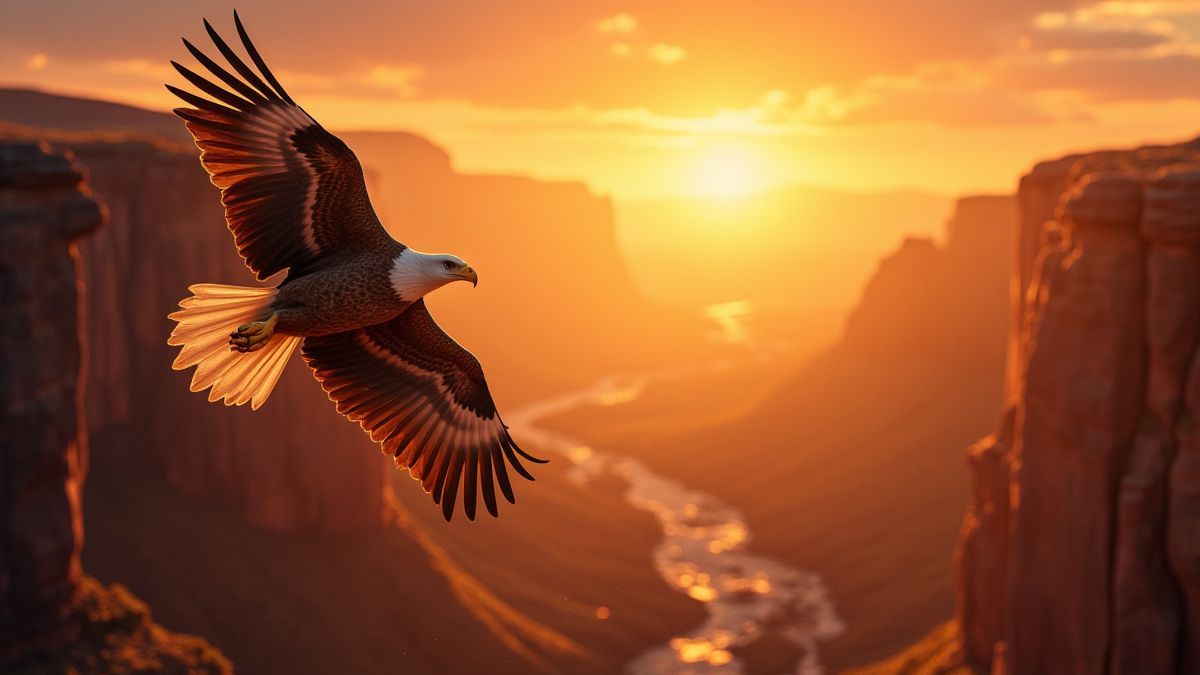 Ein Adler, der über einen Canyon bei Sonnenuntergang mit leuchtenden goldenen Schätzen fliegt.