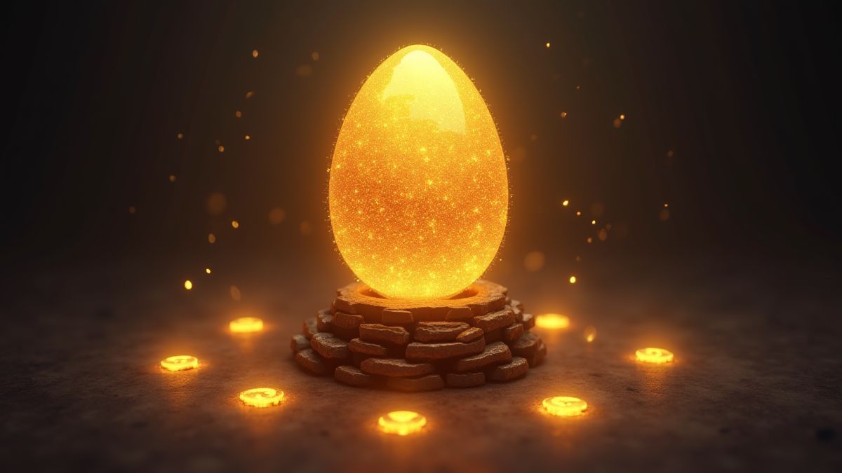 Ein funkelndes goldenes Ei, das auf einem mystischen Totem liegt, umgeben von leuchtenden Symbolen.
