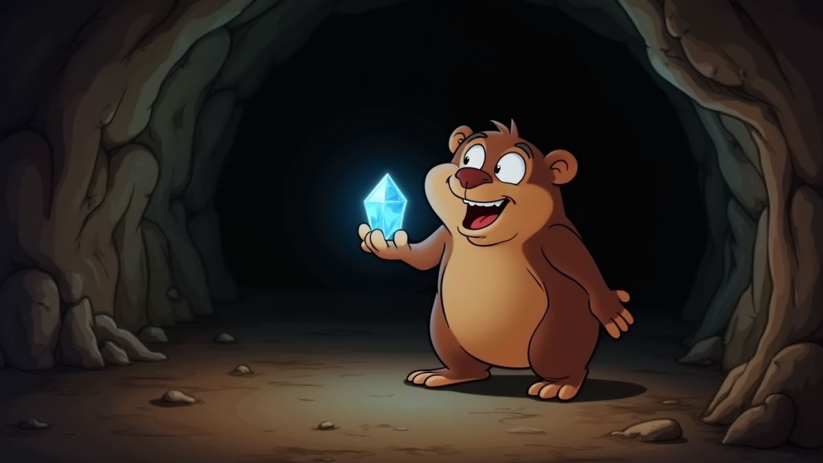 Un topo animado sosteniendo una gema brillante en un túnel subterráneo.