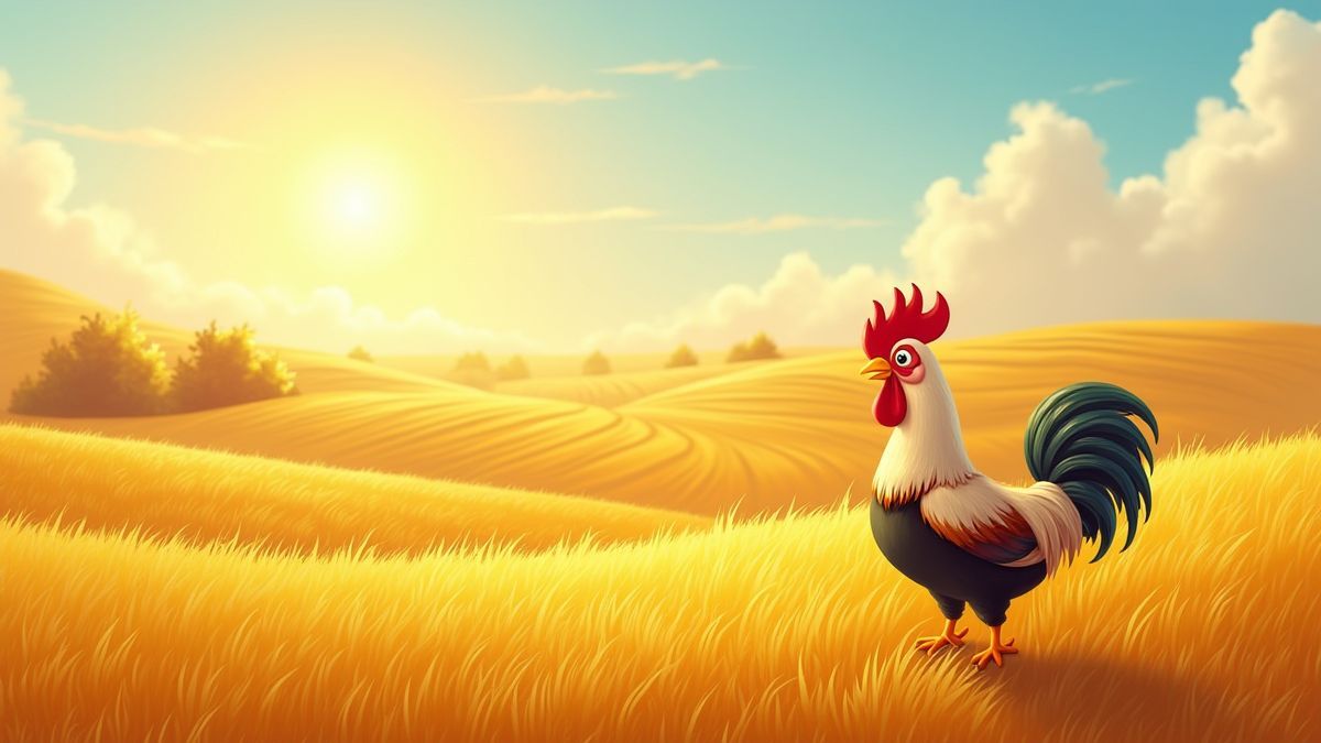 Een zonnige boerderij met gouden velden en een speelse haan.