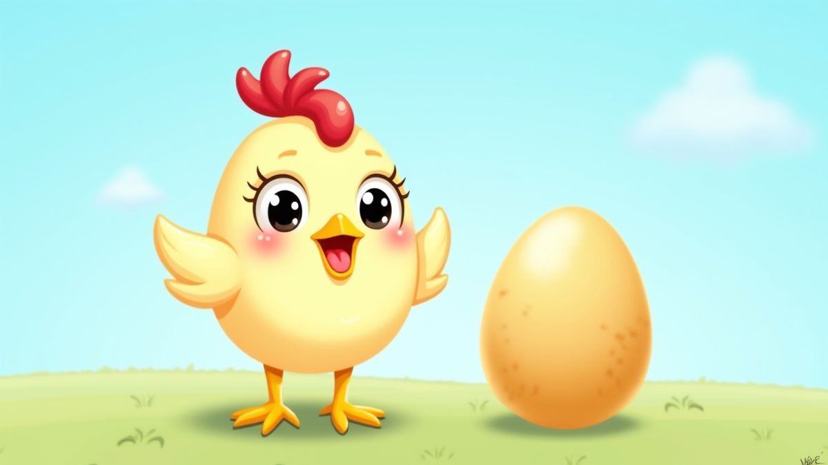 Een blije hen naast een gouden ei onder een blauwe lucht.