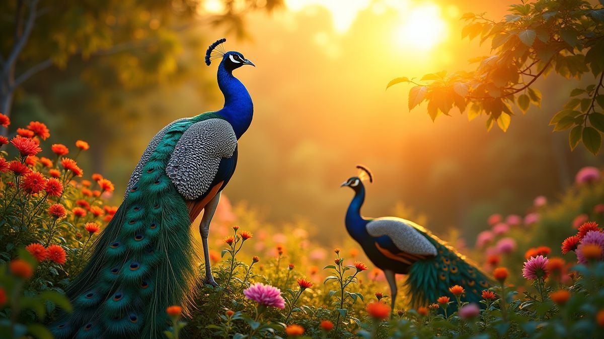 A garden filled with peacocks and exotic flowers at sunset.