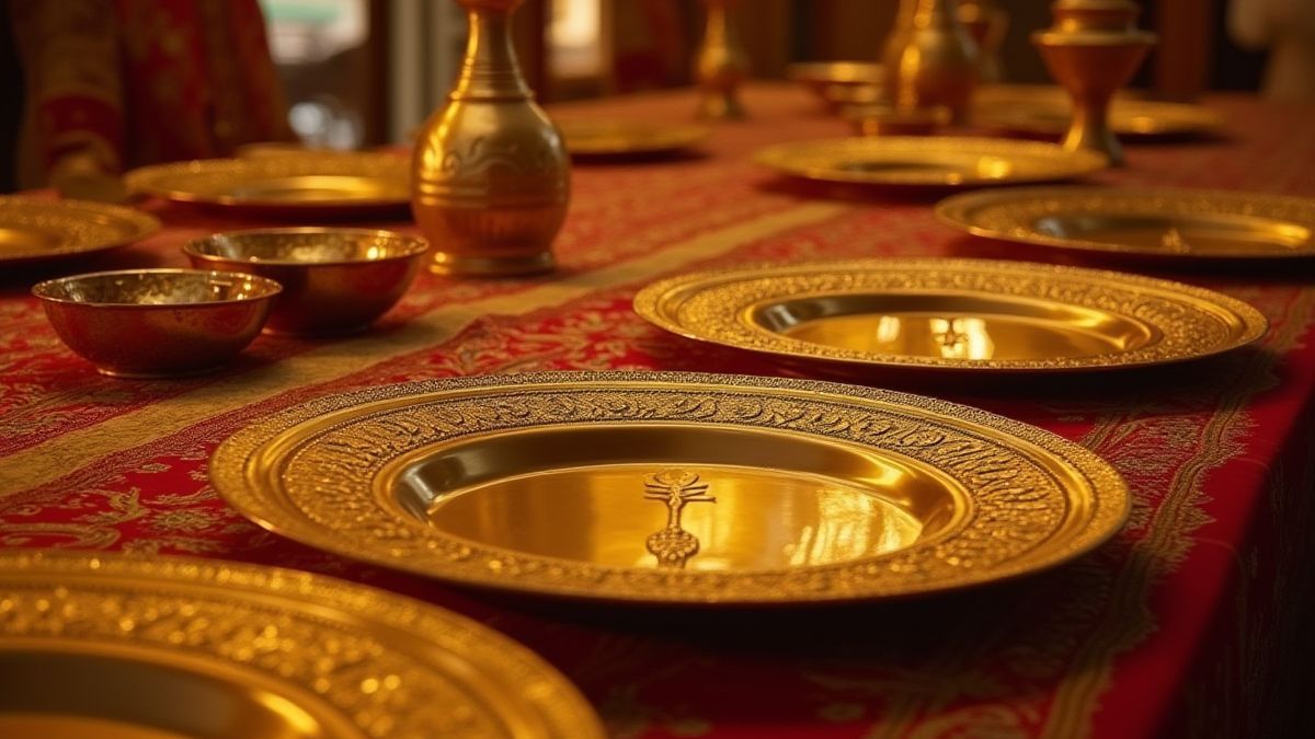 Golden plates with intricate designs on a royal table.