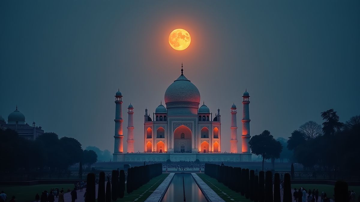 The Taj Mahal under a backdrop illuminated by moonlight.