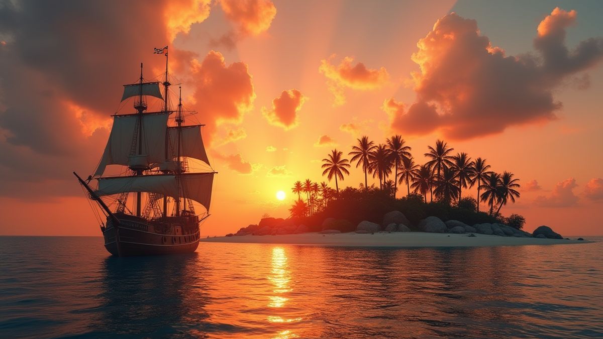 Barco pirata navegando em direção a uma ilha tropical ao pôr do sol.