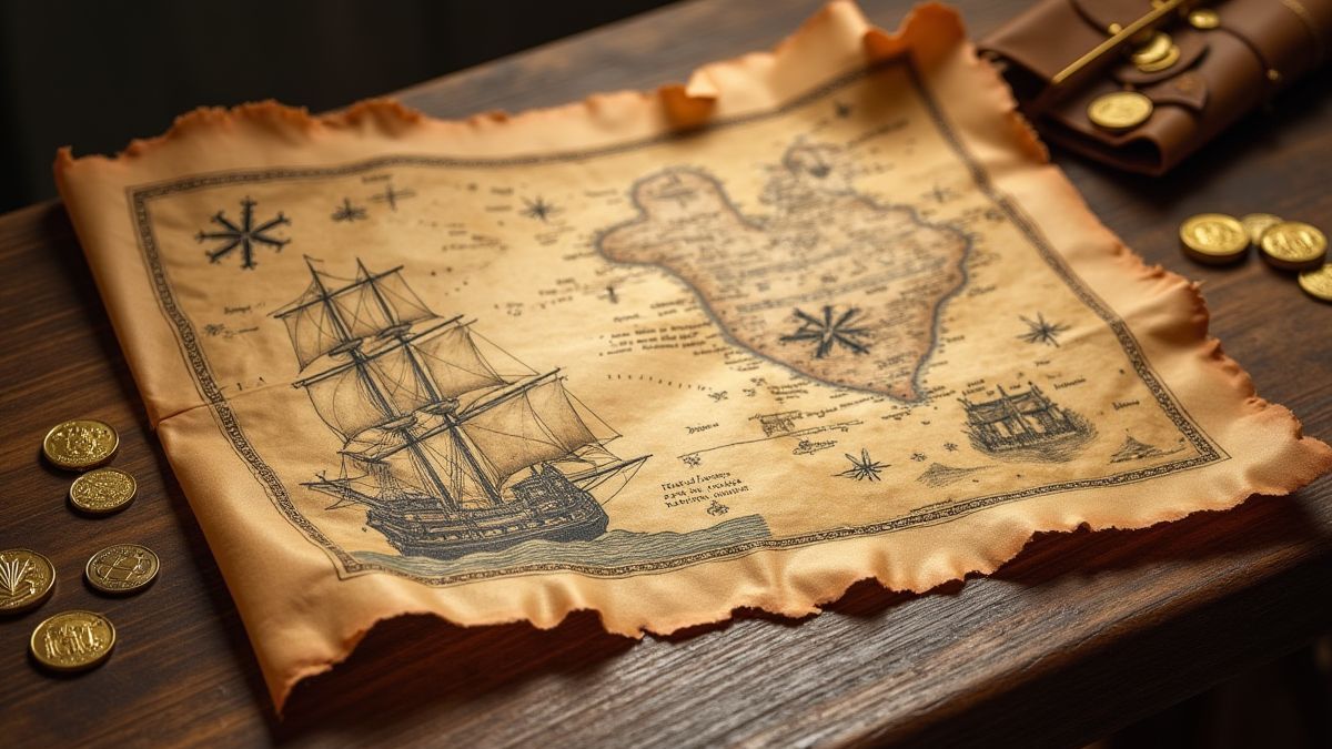 Mapa do tesouro em uma mesa de madeira com moedas de ouro.