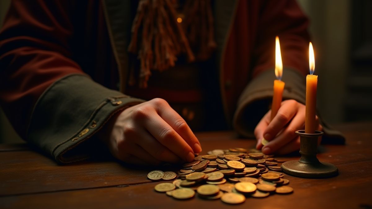 Pirata contando moedas de ouro sob a luz de uma vela.