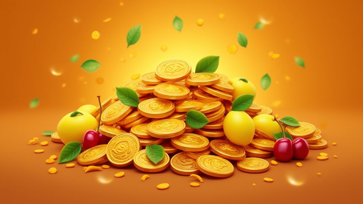 Montón de monedas doradas rodeadas de frutas clásicas.