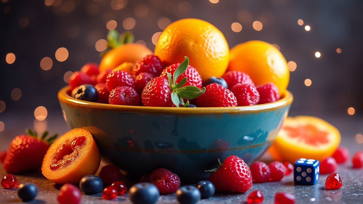 A vibrant fruit bowl with sparkling diamonds and dice scattered around.