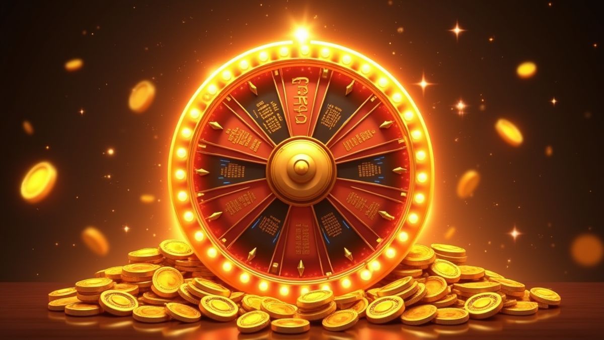 A glowing bonus wheel with jackpot sections and golden coins.