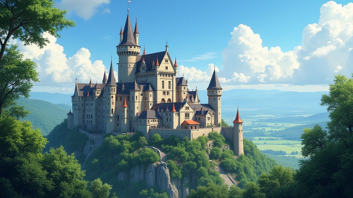 A medieval castle surrounded by nature.