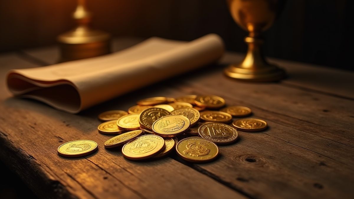 Golden coins on a medieval table.