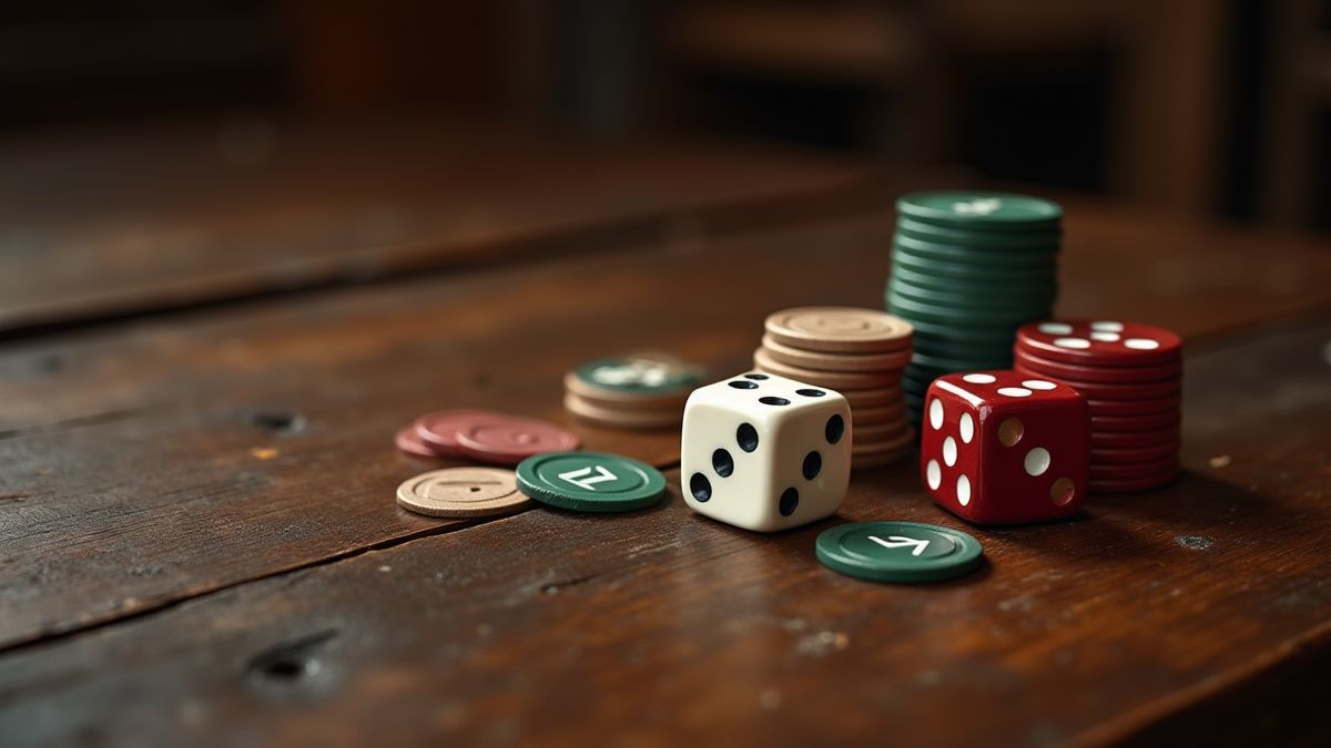 Dice and chips on a medieval table.