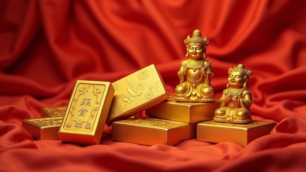 Ingot de oro chino y estatuas tradicionales en seda roja.