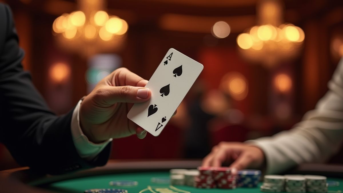 Jugador sosteniendo una carta en un casino elegante.