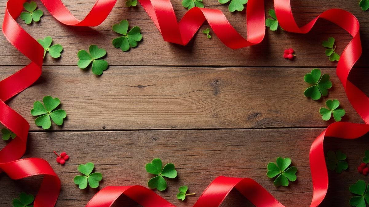 Red ribbons and clovers on a wooden table.