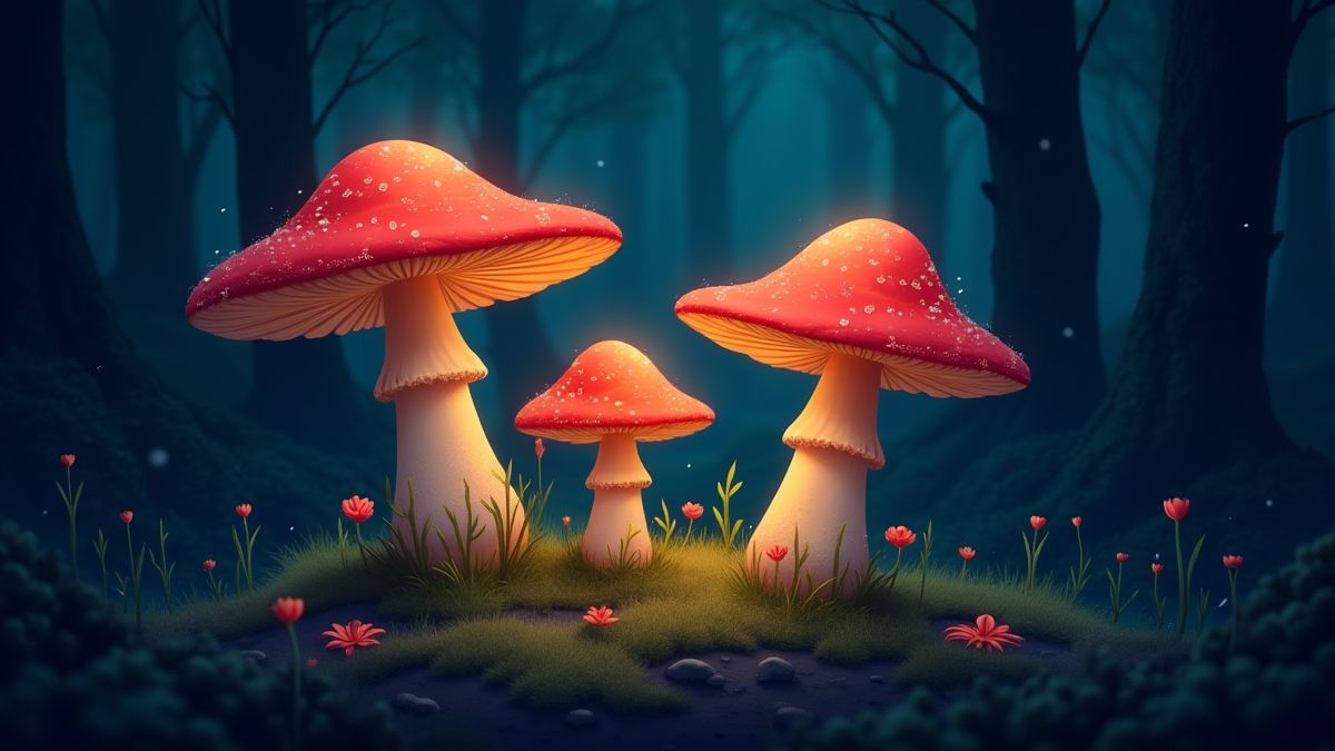 Three magical mushrooms glowing in a dark forest.