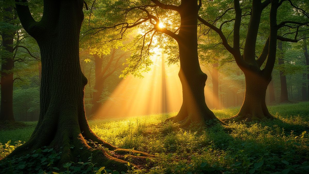 An Irish forest with golden light filtering through the trees.
