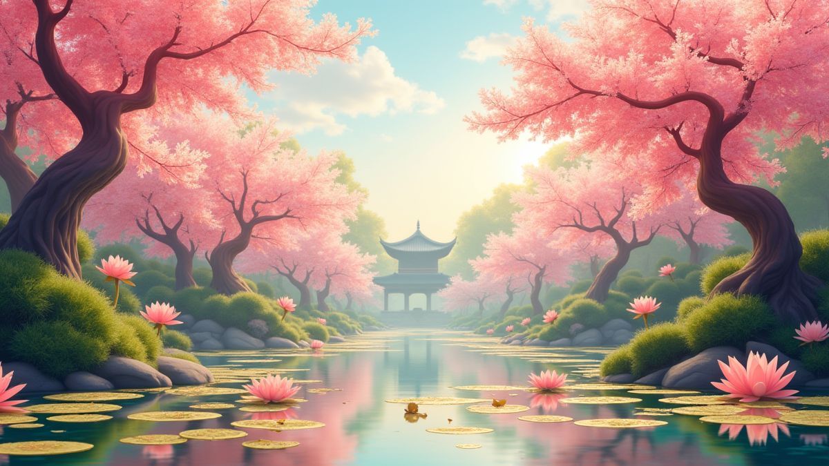 Un jardin oriental avec des fleurs de cerisier et un étang de lotus doré.