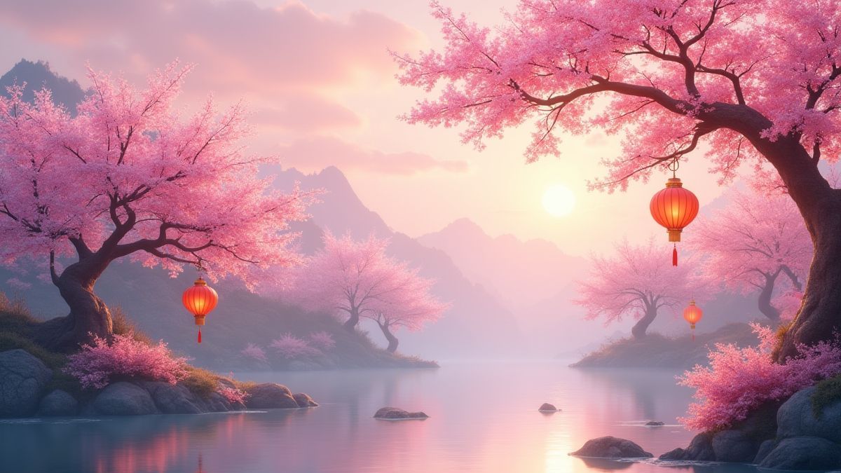 Paisagem chinesa com cerejeiras e lanternas vermelhas.