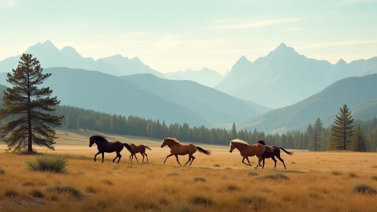 Landschaft mit Bergen und galoppierenden Pferden.
