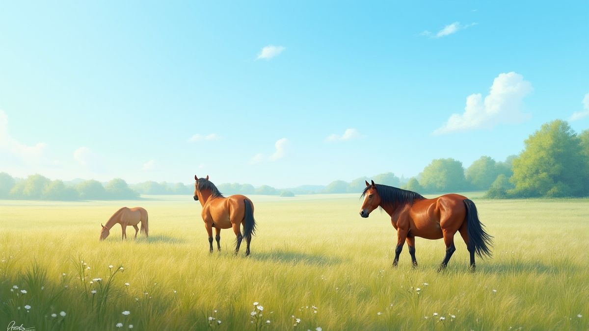 Pferde weiden auf einem Feld unter einem blauen Himmel.