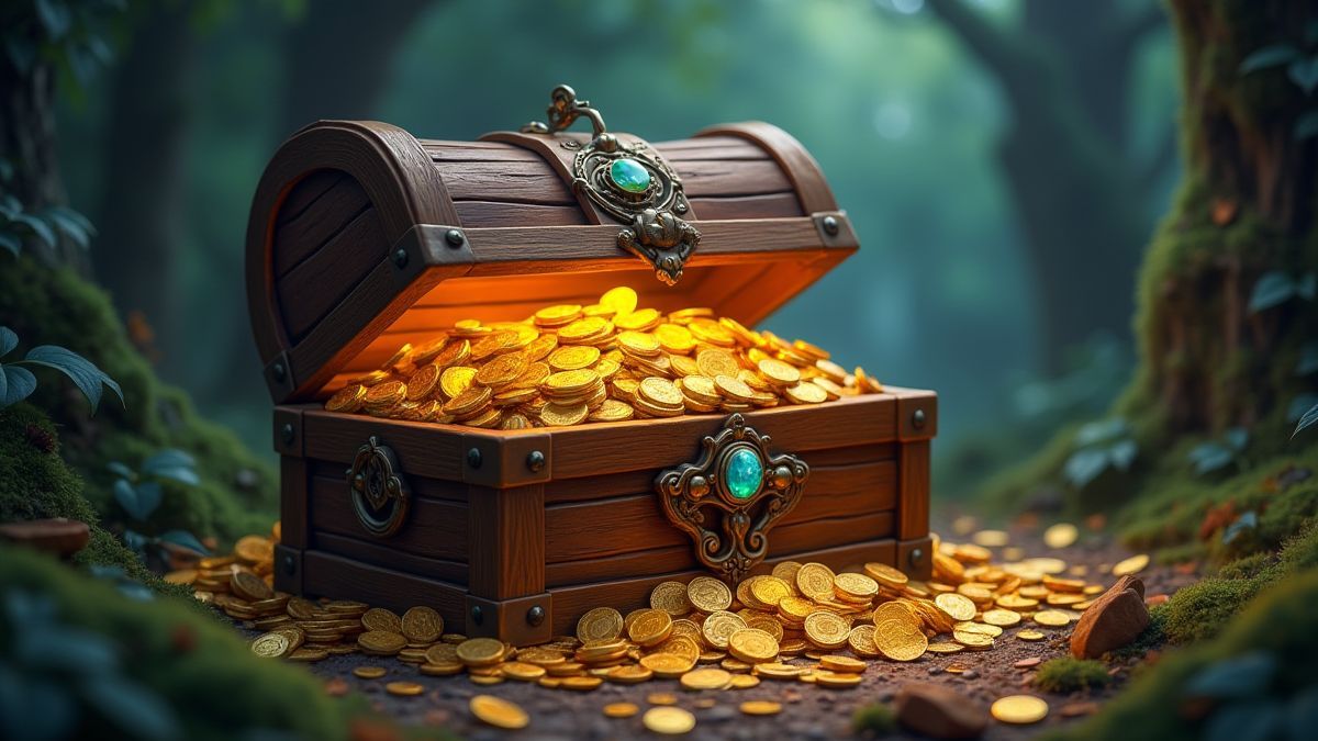 Cofre do tesouro cheio de moedas de ouro e joias em uma floresta mágica.
