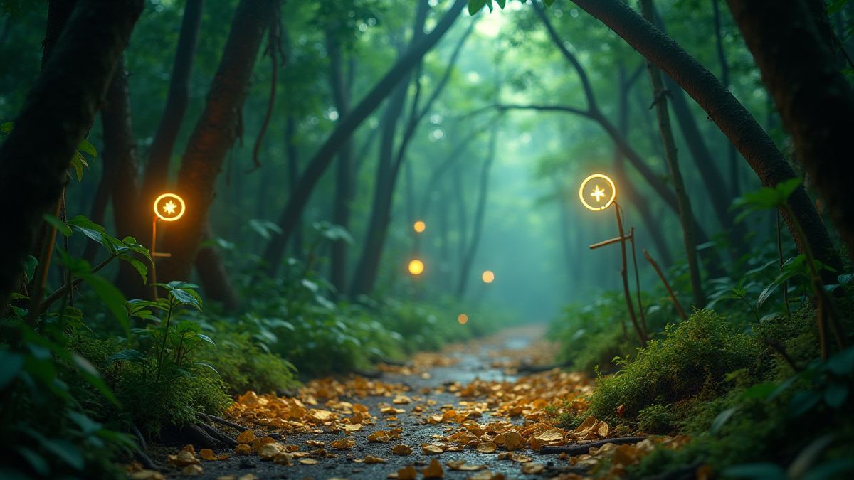 Jungla exótica con artefactos dorados y símbolos brillantes.