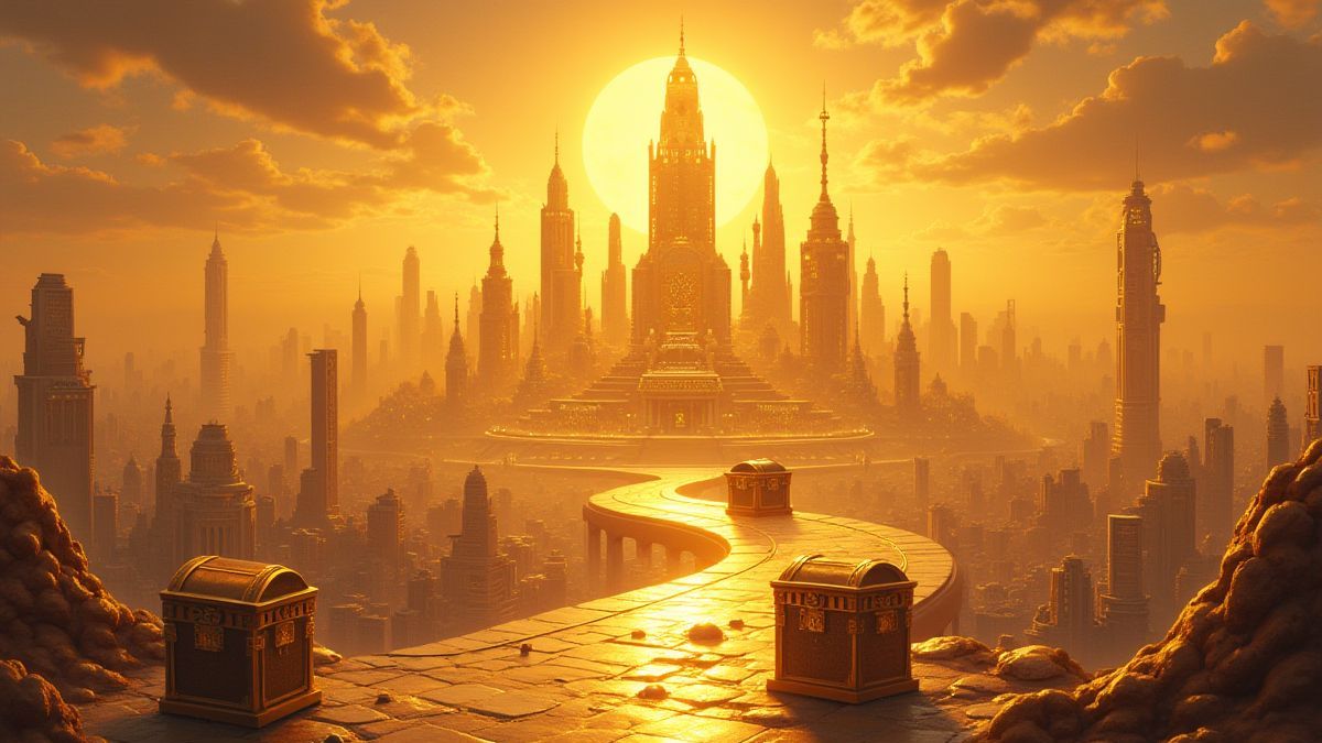 Futuristic golden city with treasure chests.